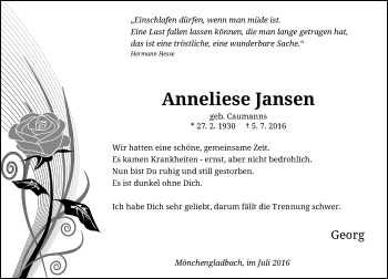Traueranzeige von Anneliese Jansen von Rheinische Post