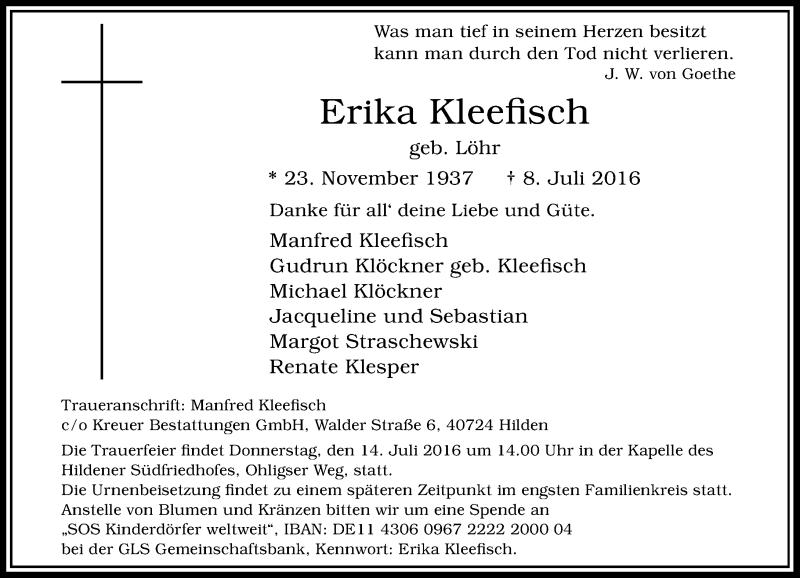  Traueranzeige für Erika Kleefisch vom 13.07.2016 aus Rheinische Post