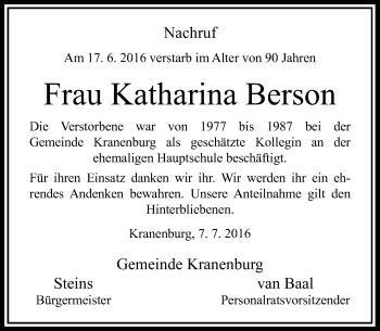 Traueranzeige von Katharina Berson von Rheinische Post