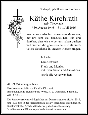 Traueranzeige von Käthe Kirchrath von Rheinische Post