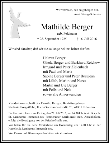 Traueranzeige von Mathilde Berger von Rheinische Post