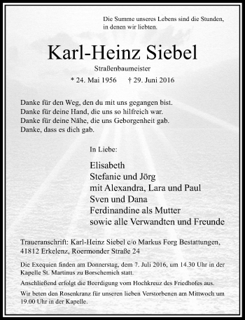 Traueranzeige von Karl-Heinz Siebel von Rheinische Post