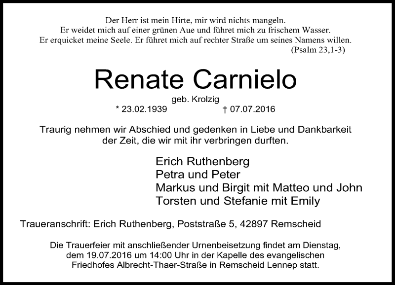  Traueranzeige für Renate Carnielo vom 16.07.2016 aus Rheinische Post