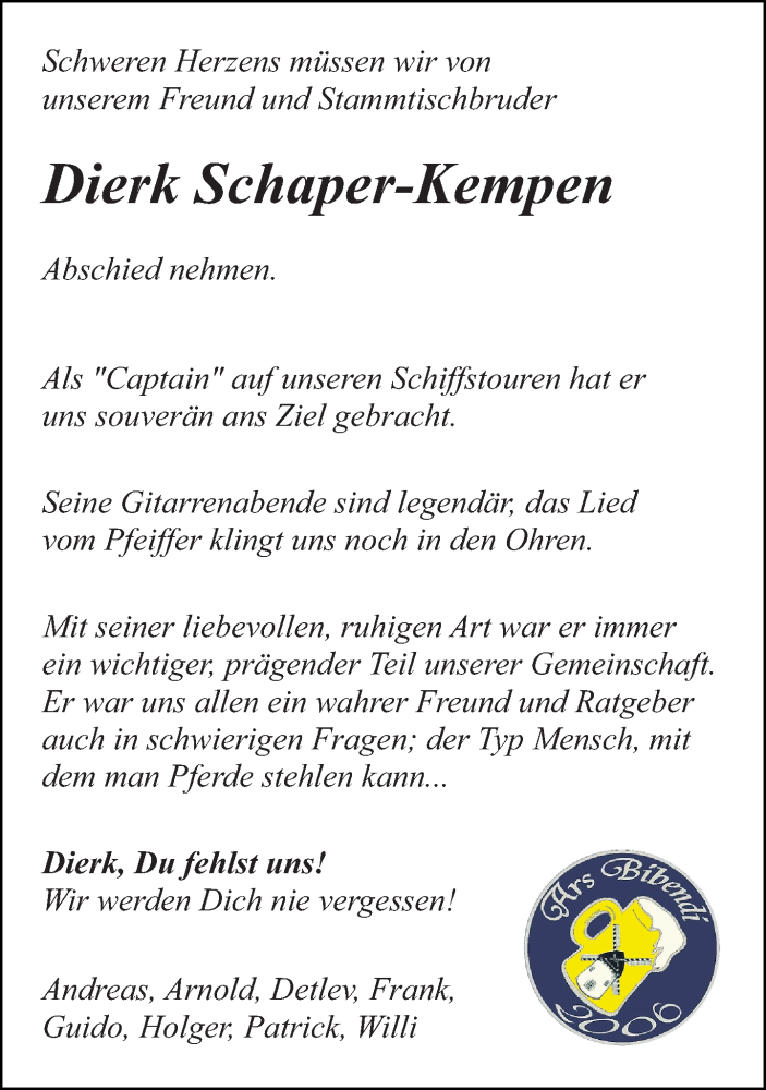  Traueranzeige für Dierk Schaper-Kempen vom 23.07.2016 aus Rheinische Post