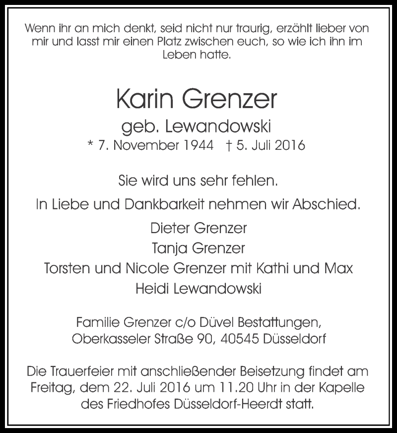  Traueranzeige für Karin Grenzer vom 09.07.2016 aus Rheinische Post