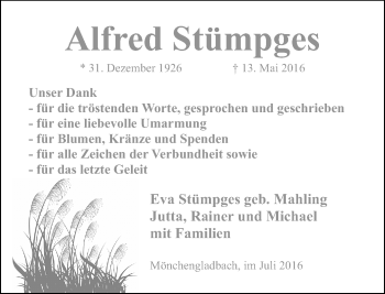 Traueranzeige von Alfred Stümpges von Rheinische Post