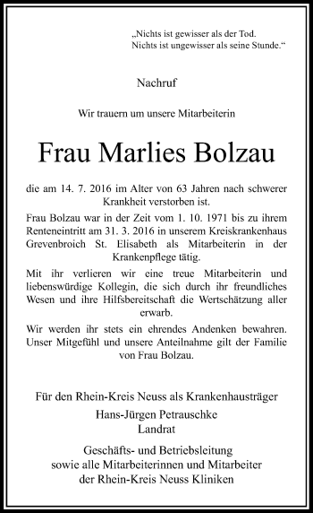 Traueranzeige von Marlies Bolzau von Rheinische Post