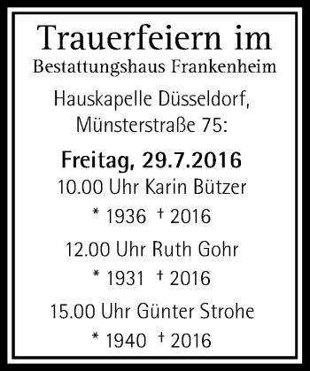 Traueranzeige von Bestattungen vom 28.07.2016 von Rheinische Post