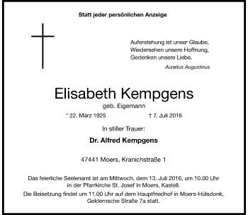 Traueranzeige von Elisabeth Kempgens von Rheinische Post
