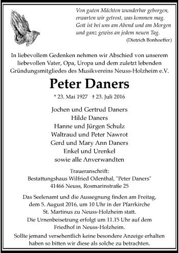 Traueranzeige von Peter Daners von Rheinische Post