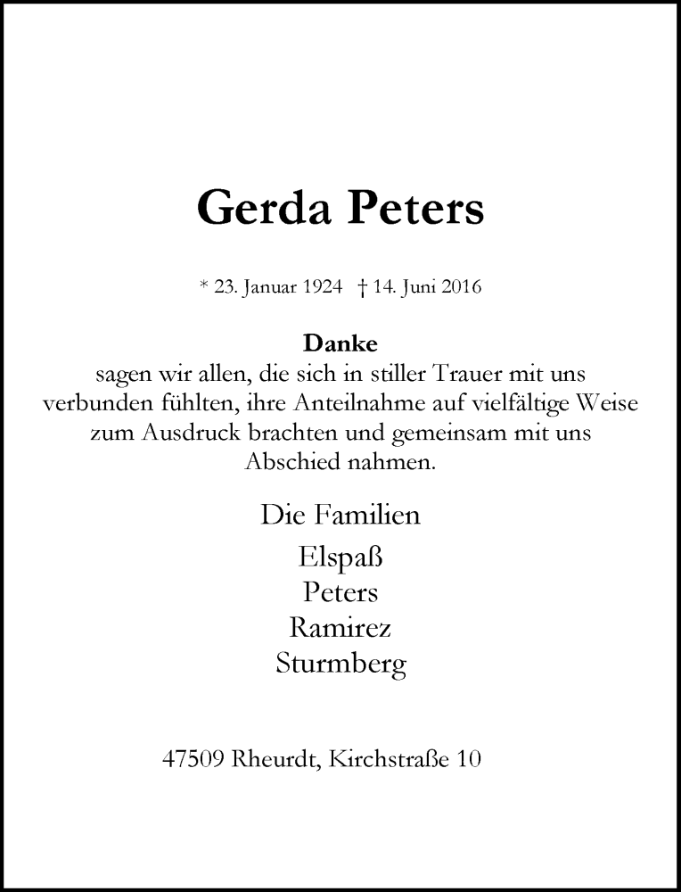  Traueranzeige für Gerda Peters vom 23.07.2016 aus Rheinische Post