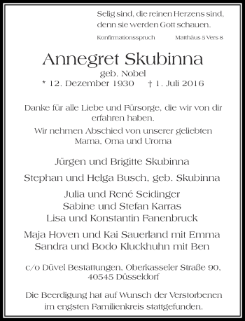 Traueranzeige von Annegret Skubinna von Rheinische Post