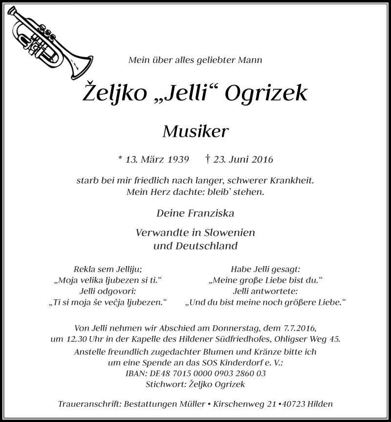  Traueranzeige für Zeljko  Ogrizek vom 02.07.2016 aus Rheinische Post
