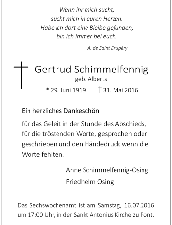 Traueranzeige von Gertrud Schimmelfennig von Rheinische Post