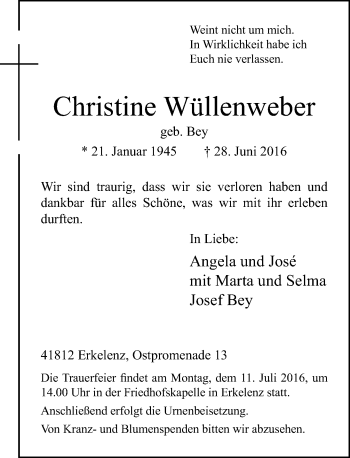 Traueranzeige von Christine Wüllenweber von Rheinische Post