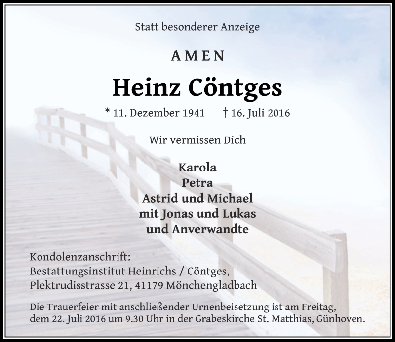  Traueranzeige für Heinz Cöntges vom 20.07.2016 aus Rheinische Post