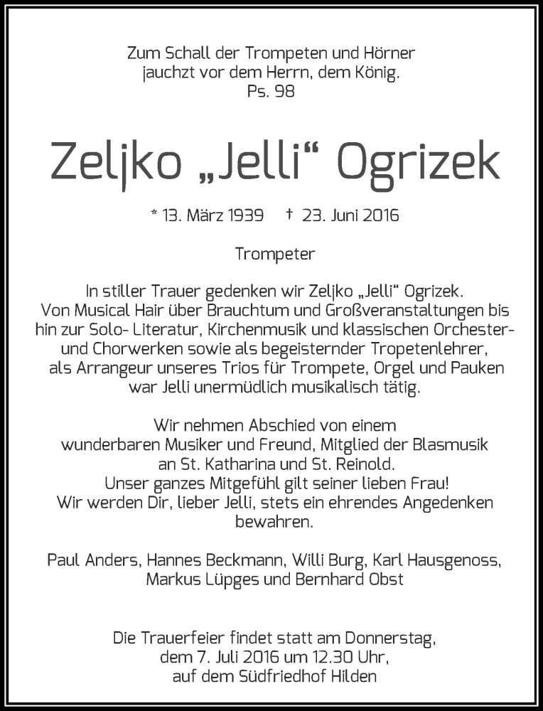  Traueranzeige für Zeljko  Ogrizek vom 02.07.2016 aus Rheinische Post