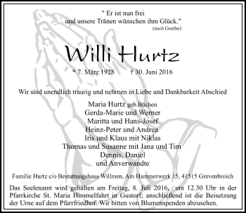 Traueranzeige von Willi Hurtz von Rheinische Post