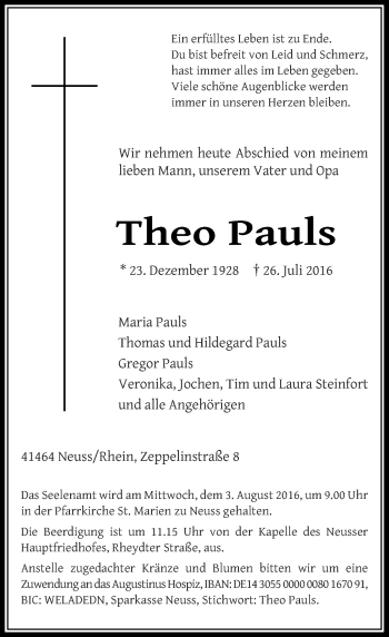 Traueranzeige von Theo Pauls von Rheinische Post