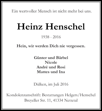 Traueranzeige von Heinz Henschel von Rheinische Post