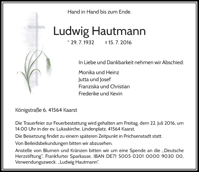  Traueranzeige für Ludwig Hautmann vom 20.07.2016 aus Rheinische Post