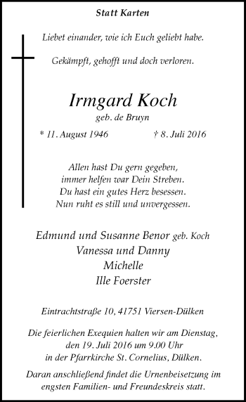 Traueranzeige von Irmgard Koch von Rheinische Post