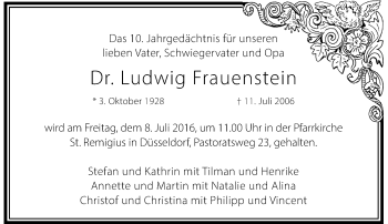 Traueranzeige von Ludwig Frauenstein von Rheinische Post