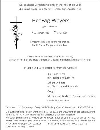 Traueranzeige von Hedwig Weyers von Rheinische Post