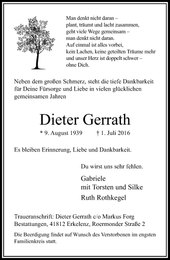 Traueranzeige von Dieter Gerrath von Rheinische Post