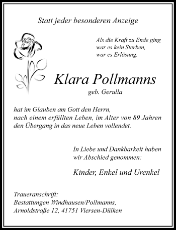 Traueranzeige von Klara Pollmanns von Rheinische Post