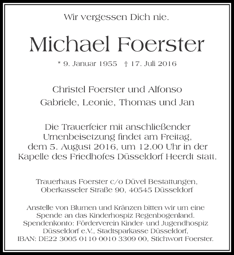  Traueranzeige für Michael Foerster vom 23.07.2016 aus Rheinische Post