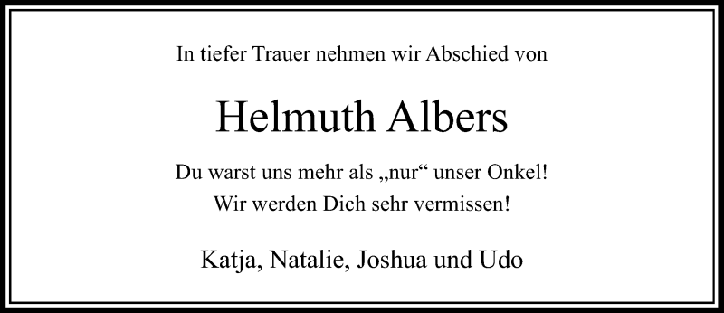  Traueranzeige für Helmuth Albers vom 30.07.2016 aus Rheinische Post