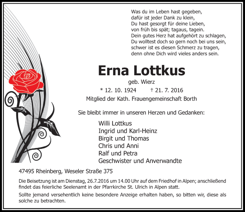  Traueranzeige für Erna Lottkus vom 23.07.2016 aus Rheinische Post
