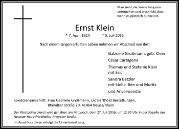 Traueranzeige von Ernst Klein von Rheinische Post
