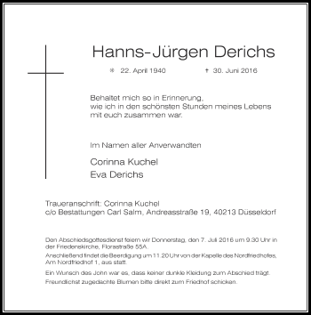 Traueranzeige von Hanns-Jürgen Derichs von Rheinische Post