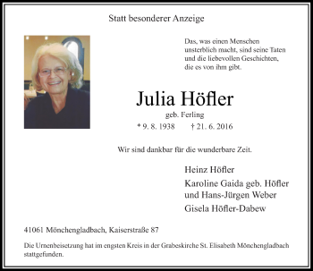 Traueranzeige von Julia Höfler von Rheinische Post