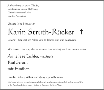 Traueranzeige von Karin Struth-Rücker von Rheinische Post