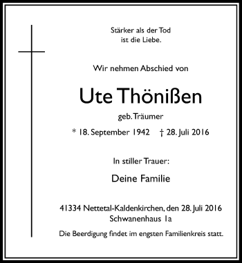 Traueranzeige von Ute Thönißen von Rheinische Post