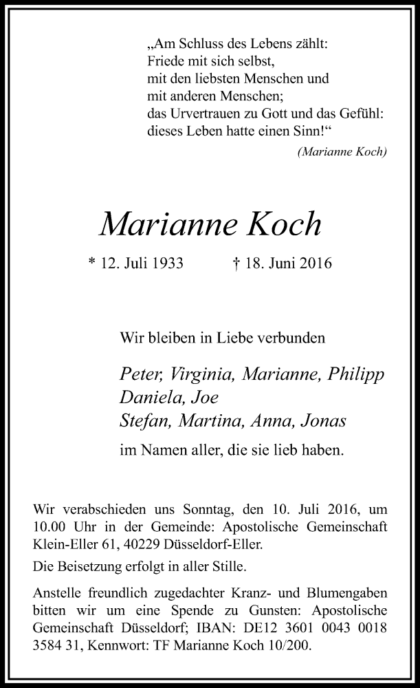  Traueranzeige für Marianne Koch vom 02.07.2016 aus Rheinische Post