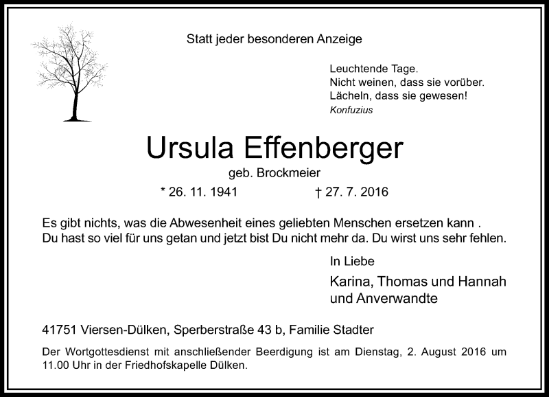  Traueranzeige für Ursula Effenberger vom 30.07.2016 aus Rheinische Post