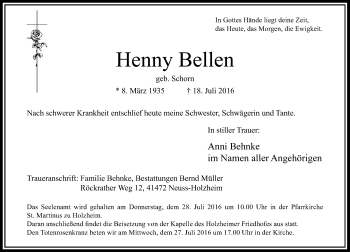 Traueranzeige von Henny Bellen von Rheinische Post