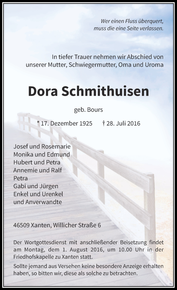  Traueranzeige für Dora Schmithuisen vom 30.07.2016 aus Rheinische Post