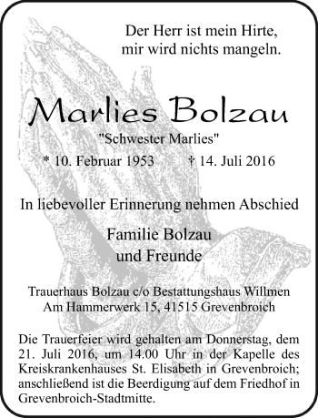 Traueranzeige von Marlies Bolzau von Rheinische Post