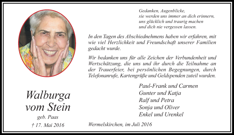  Traueranzeige für Walburga vom Stein vom 30.07.2016 aus Rheinische Post