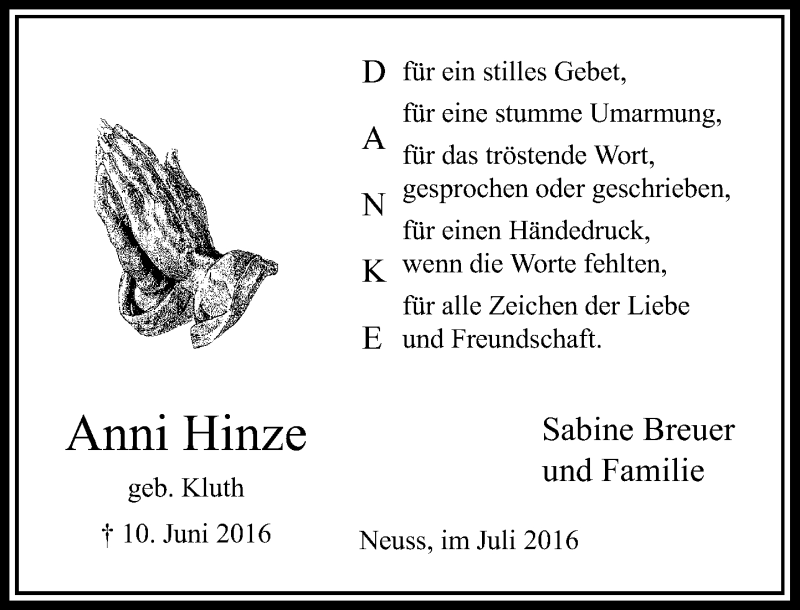  Traueranzeige für Anni Hinze vom 23.07.2016 aus Rheinische Post