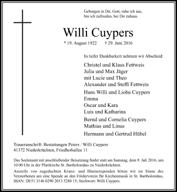 Traueranzeige von Willi Cuypers von Rheinische Post