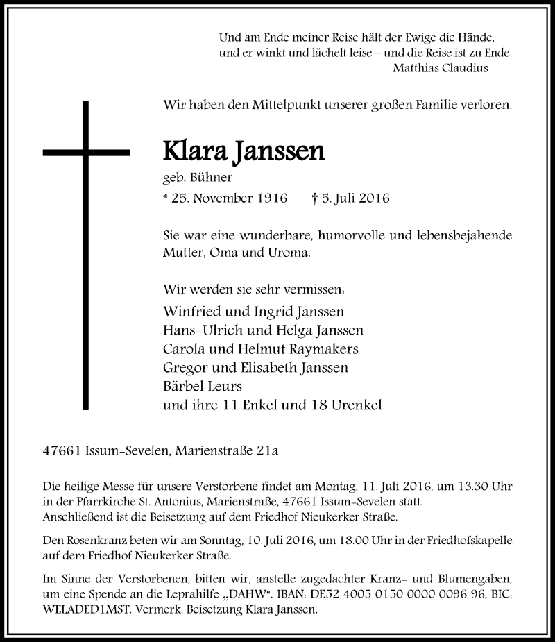  Traueranzeige für Klara Janssen vom 07.07.2016 aus Rheinische Post
