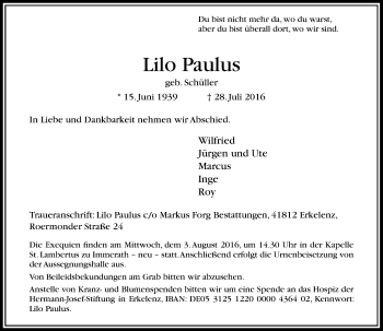 Traueranzeige von Lilo Paulus von Rheinische Post