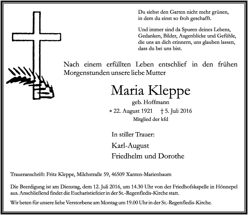  Traueranzeige für Maria Kleppe vom 09.07.2016 aus Rheinische Post