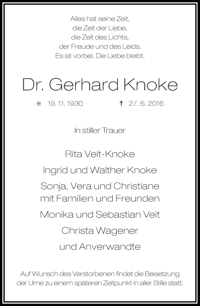  Traueranzeige für Gerhard Knoke vom 06.07.2016 aus Rheinische Post
